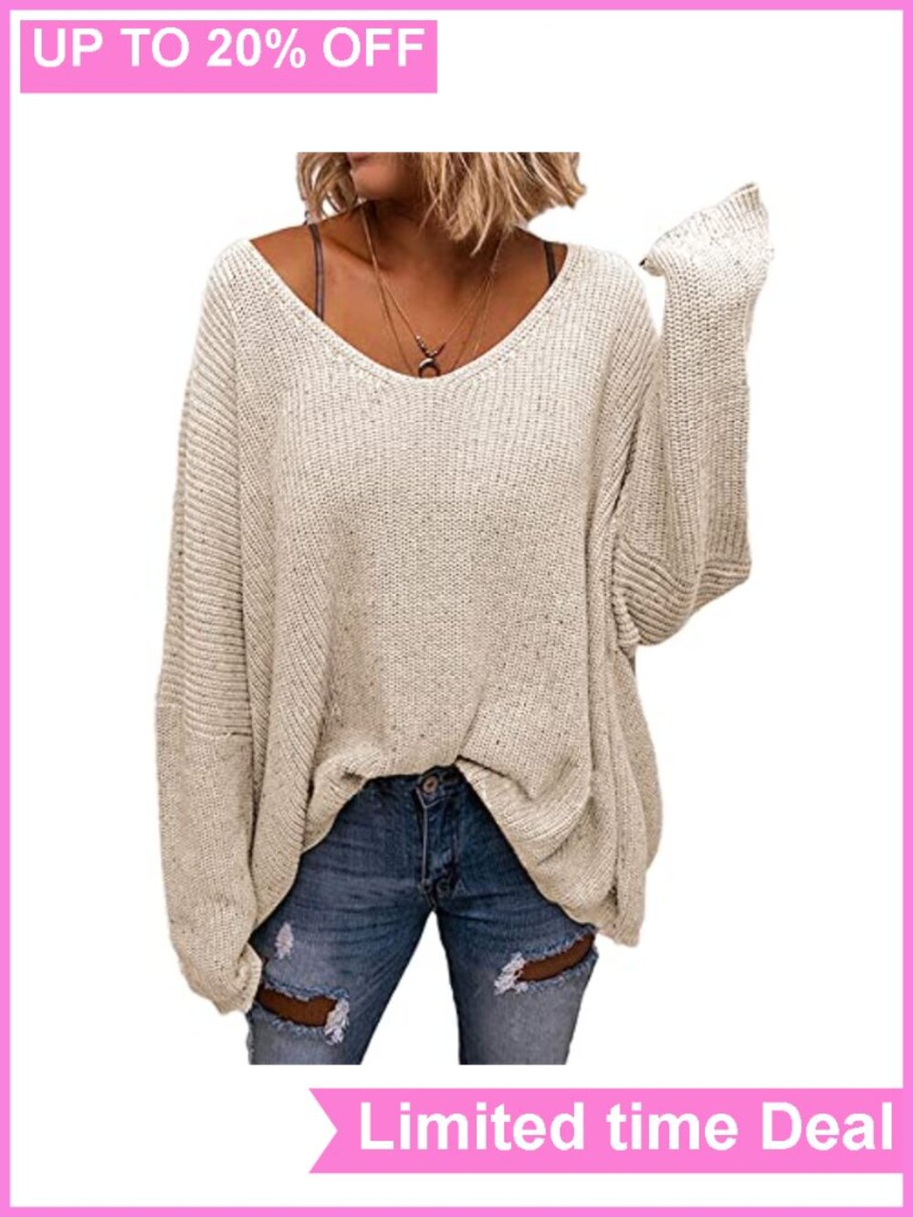 Waffle Knit V Neck Long Sleeve Oversized Pullover Sweater Top